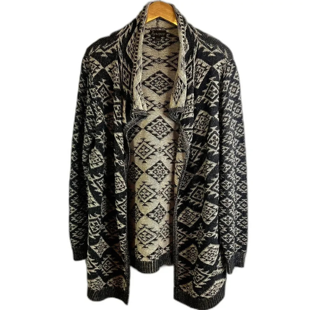 Open-Front Black & Cream Patterned Shawl Collar Cardigan